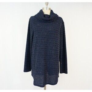 Chico’s Striped Cowl Neck Tunic Top XL Navy Blue Sparkle Nautical Preppy HOliday